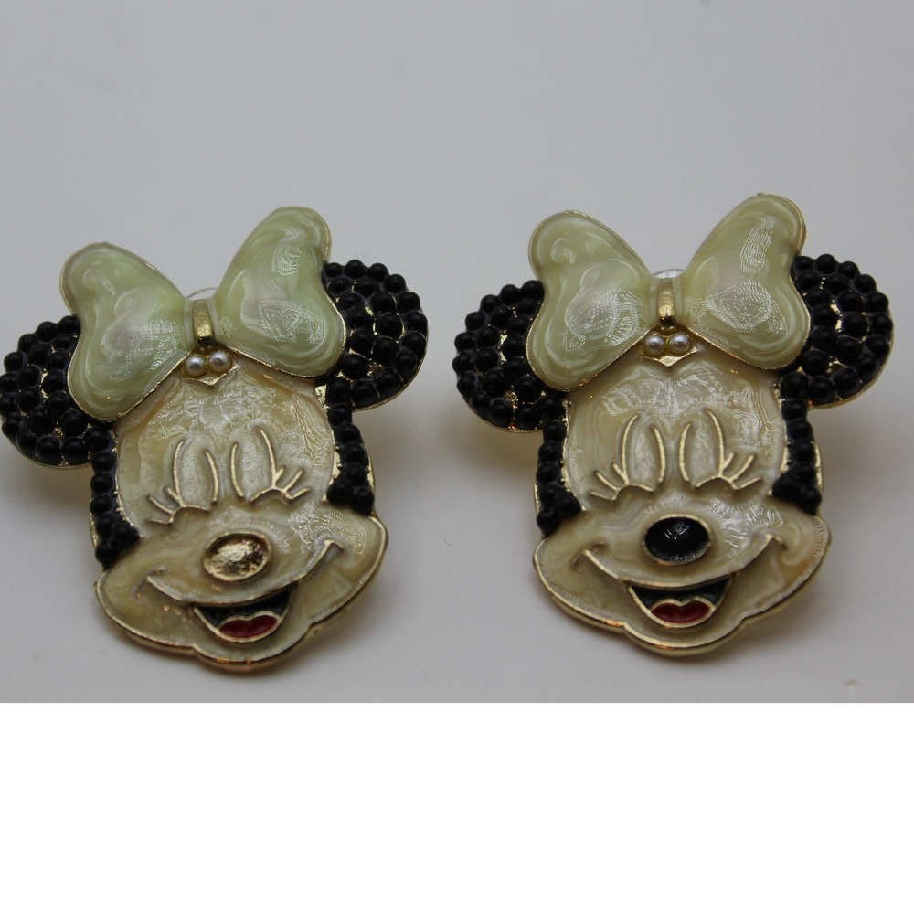 Disney Minnie Mouse Enamel‎ Stud Earrings Cream Black Beaded Bow Gold Tone Retro